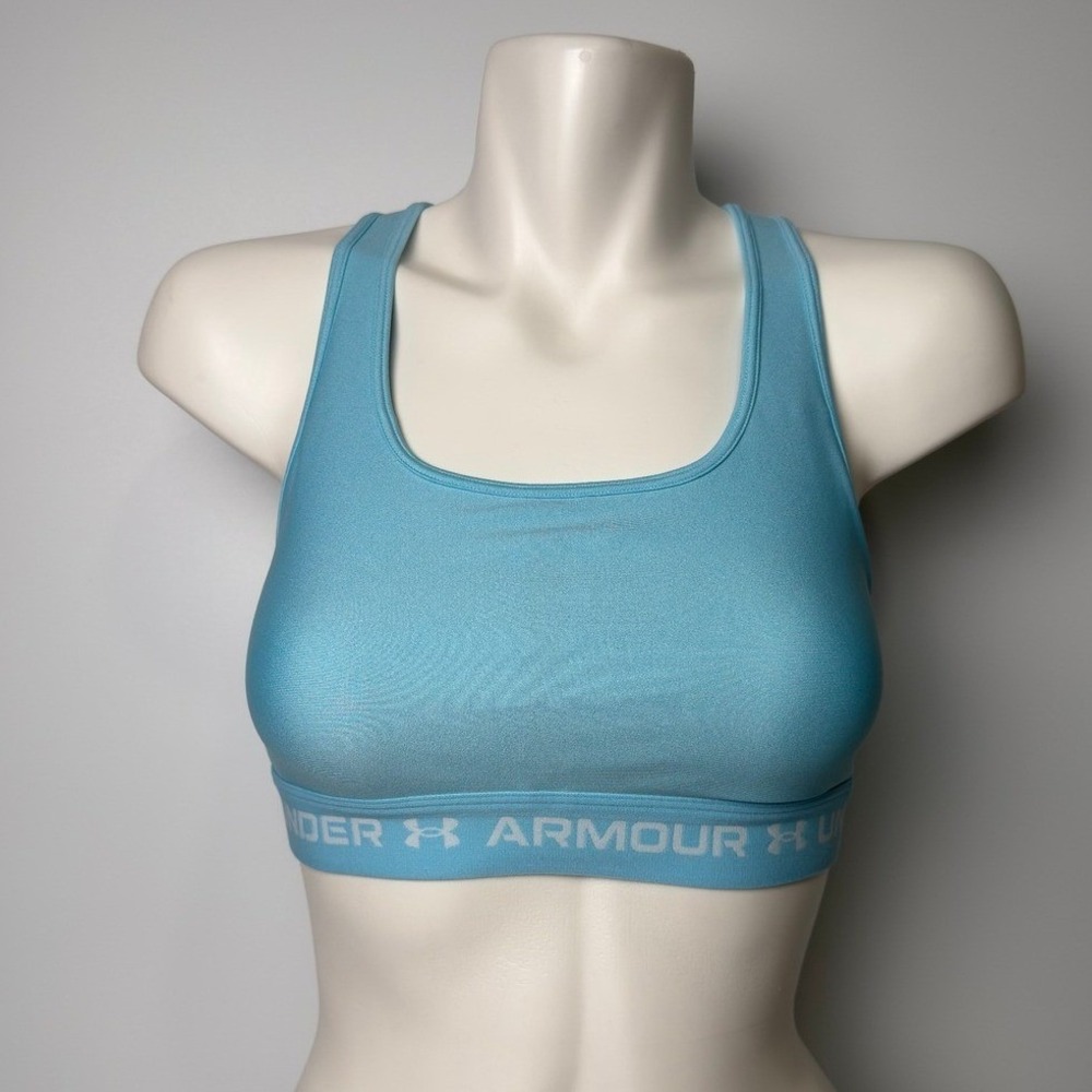 Under Armour Womens HeatGear Crossback Sports Bra Blue Keyhole Back Athletic S